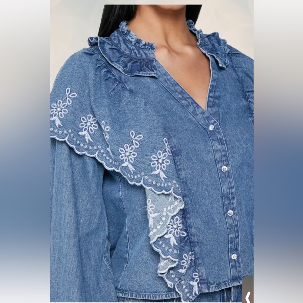 River Island Denim Ruffle Button Up Shirt NWT Small - Picture 5 of 9